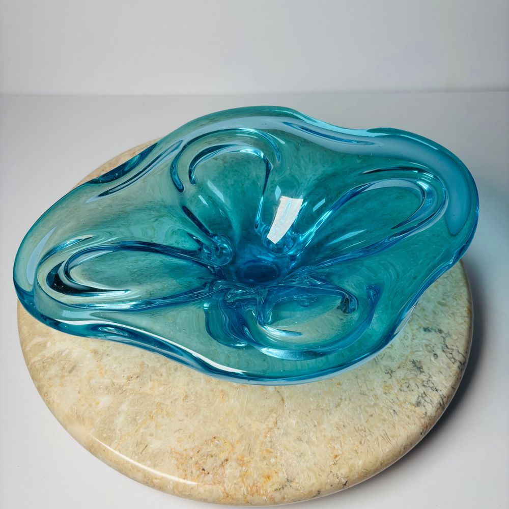 Vintage Murano Sommerso Blue Glass‎ Abstract Decorative Bowl MCM 60s 70s